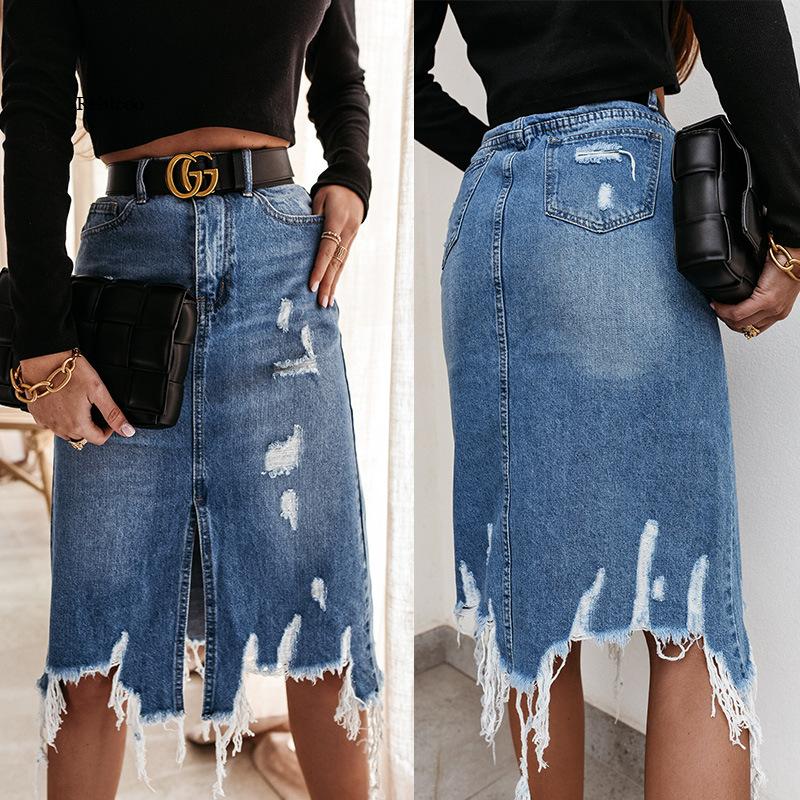 Summer Sexy Asymmetric Denim Skirt Women High Waist Slit Ripped Beggar Midi Skirts Casual Slim Worn Tassel Blue Jeans Skirt - Image 3