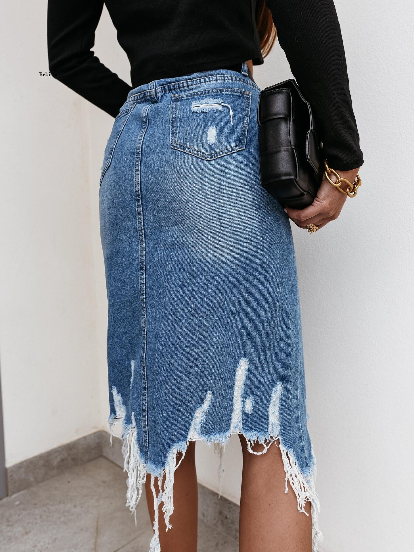 Summer Sexy Asymmetric Denim Skirt Women High Waist Slit Ripped Beggar Midi Skirts Casual Slim Worn Tassel Blue Jeans Skirt - Image 4