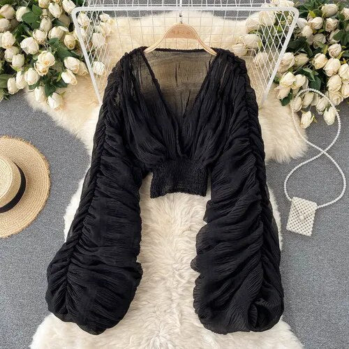 Summer Sexy Draped Chiffon Blouse For Women Elegant V-Neck Puff Long Sleeve Short Tops Female Slim Party Shirts 2022 New Fashion - Image 3