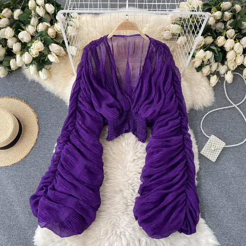 Summer Sexy Draped Chiffon Blouse For Women Elegant V-Neck Puff Long Sleeve Short Tops Female Slim Party Shirts 2022 New Fashion - Image 4