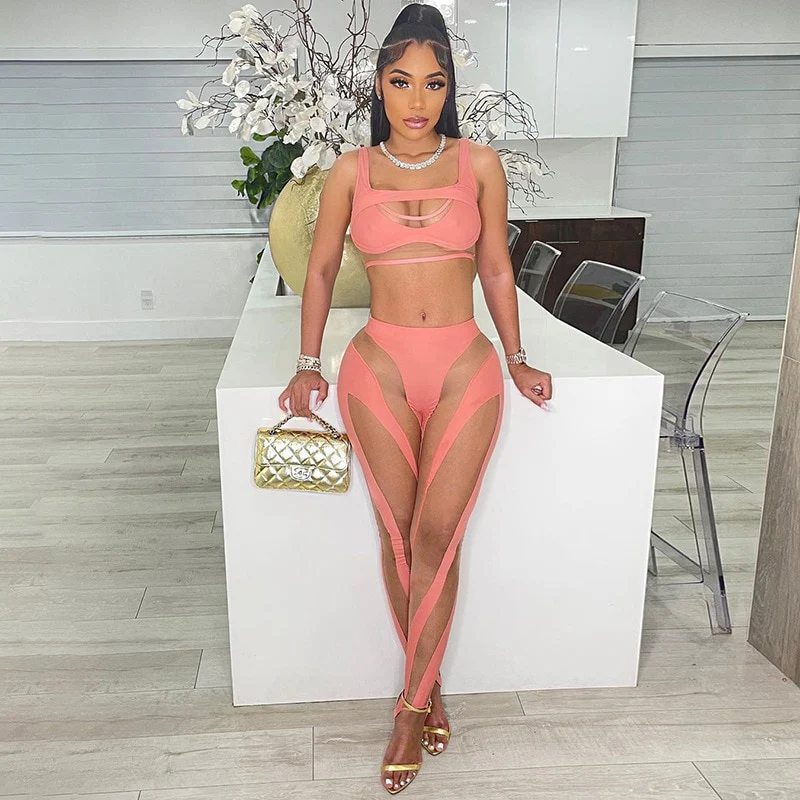 Summer Sheer Mesh Patchwork 2 Piece Set Women Sexy Cut Out Tank Crop Top + Pants Suits Club Outfit Tracksuit Women Sport Fitness - Image 5