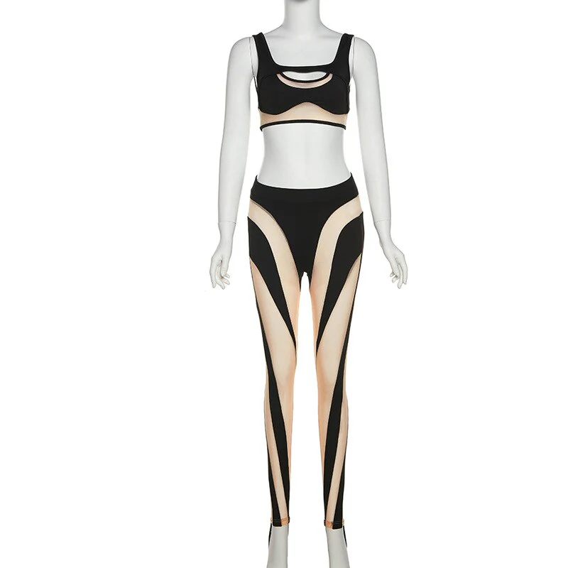 Summer Sheer Mesh Patchwork 2 Piece Set Women Sexy Cut Out Tank Crop Top + Pants Suits Club Outfit Tracksuit Women Sport Fitness - Image 6