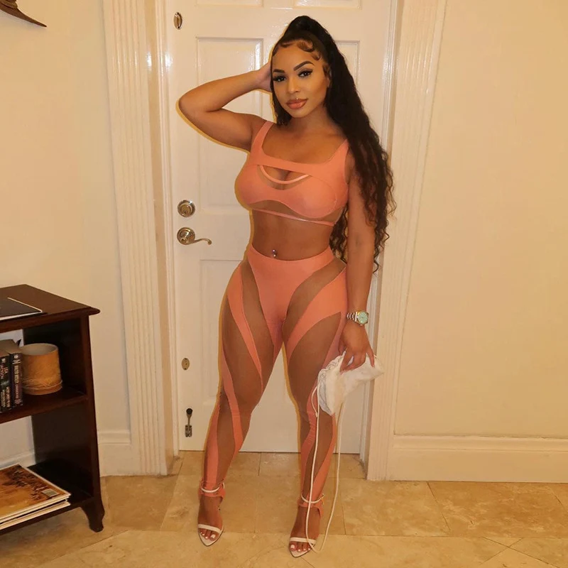 Summer Sheer Mesh Patchwork 2 Piece Set Women Sexy Cut Out Tank Crop Top + Pants Suits Club Outfit Tracksuit Women Sport Fitness - Image 8