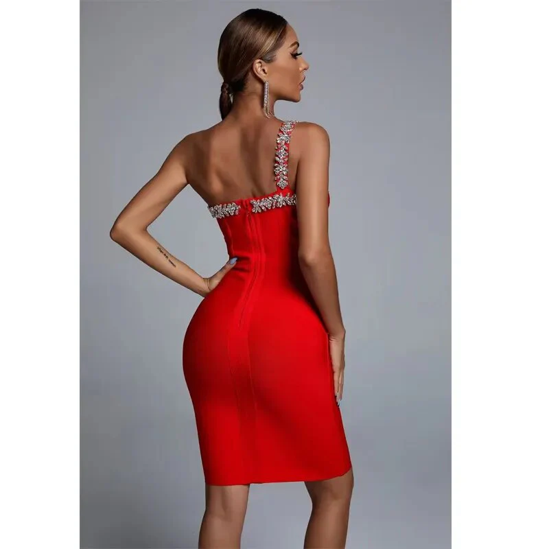 Summer Sleeveless Backless Diamond One Shoulder Diamond Mini Bandage Bodycon Celebrity Nightclub Party Women's Sling Dresses - Image 2