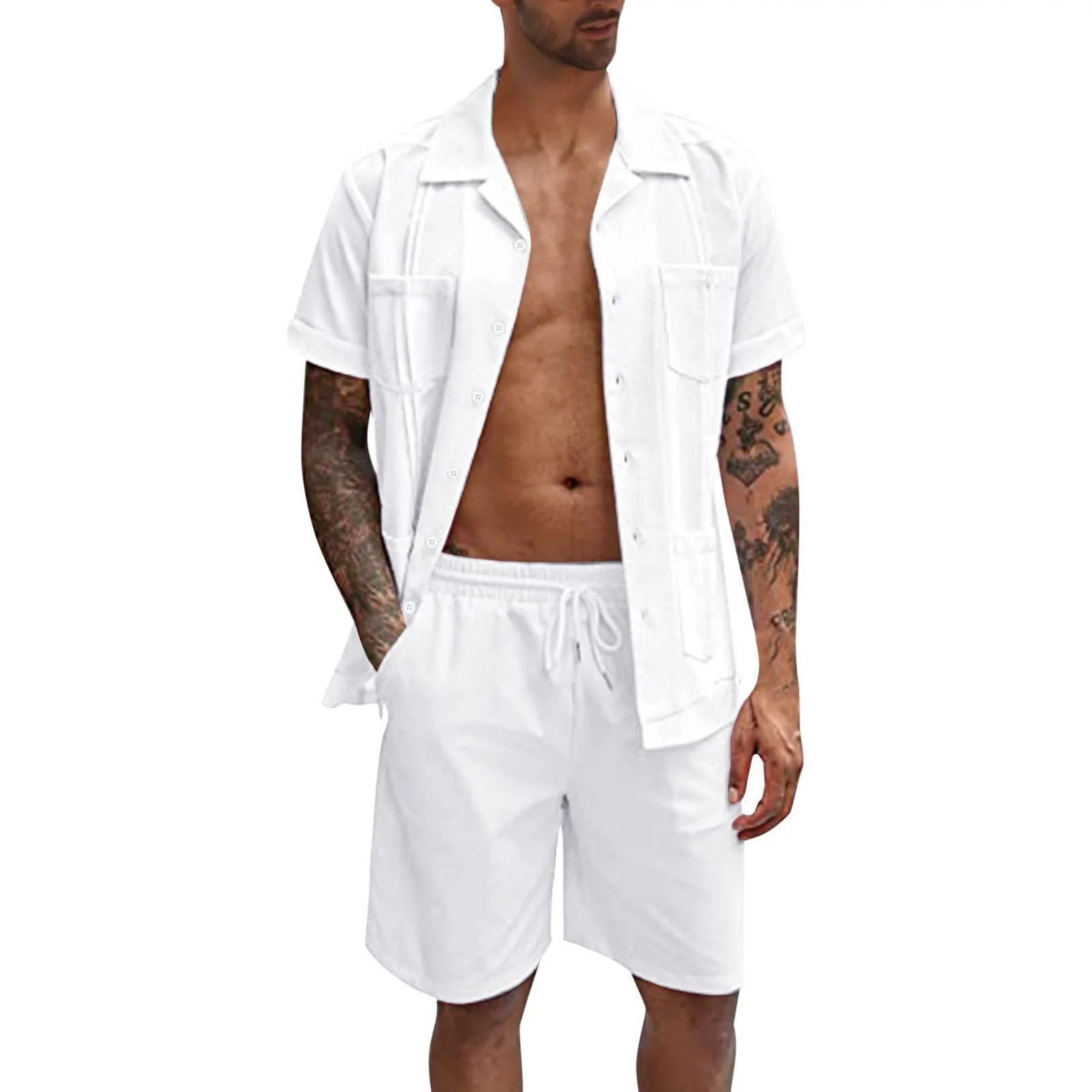 Summer Sports Short Sleeve Shorts Set Linen Loose Casual Men's Shirt Set Summer - Image 2