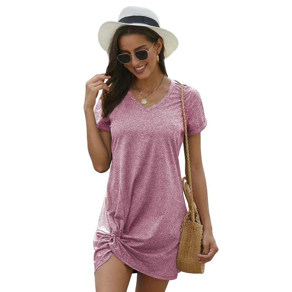 Summer Thin Knee-Length Skirt V Neck Tie-Dyed Casual Short Sleeve - Image 7