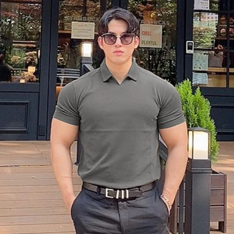 Summer V-neck muscular sport Polo shirts with solid-color lapels, round bottoms body-slimming fitness shirts and short sleeves - Image 11