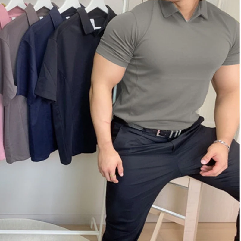 Summer V-neck muscular sport Polo shirts with solid-color lapels, round bottoms body-slimming fitness shirts and short sleeves - Image 12