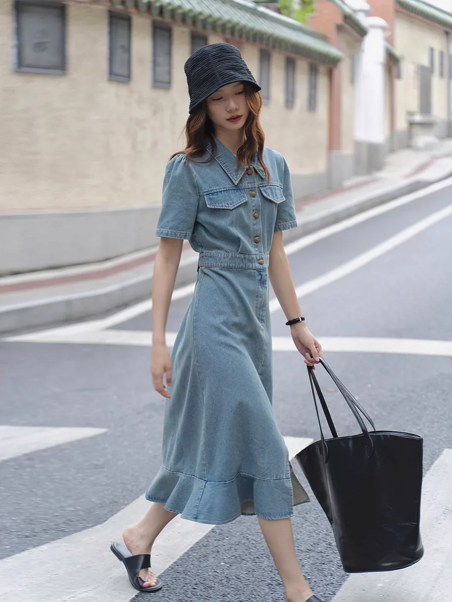 Summer Washed Women Workwear Fishtail Denim Dress - Image 4