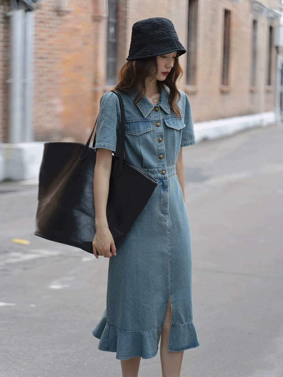 Summer Washed Women Workwear Fishtail Denim Dress - Image 5