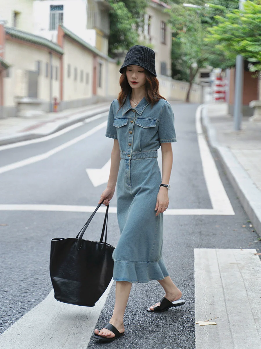 Summer Washed Women Workwear Fishtail Denim Dress - Image 6