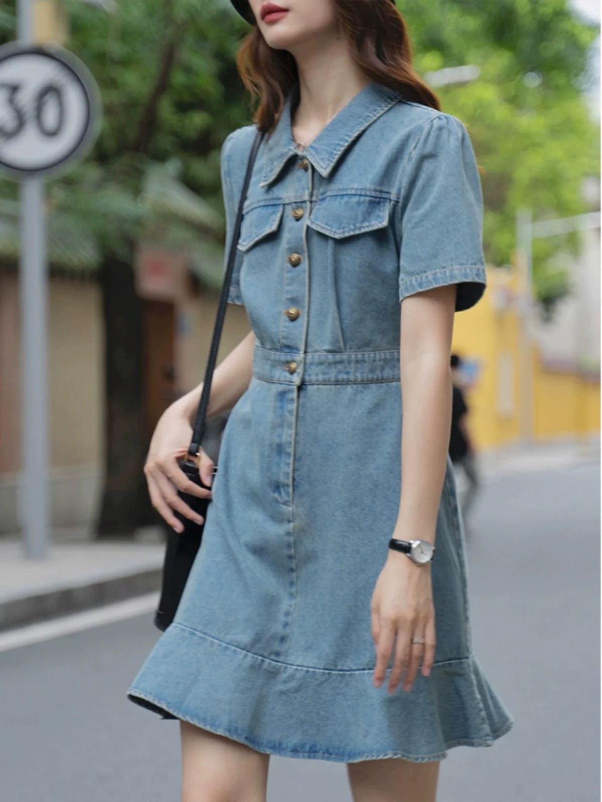 Summer Washed Women Workwear Fishtail Denim Dress - Image 7