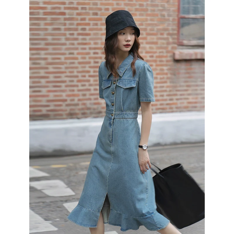 Summer Washed Women Workwear Fishtail Denim Dress - Image 8
