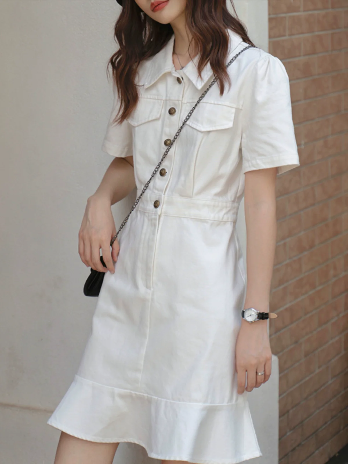 Summer Washed Women Workwear Fishtail Denim Dress - Image 9