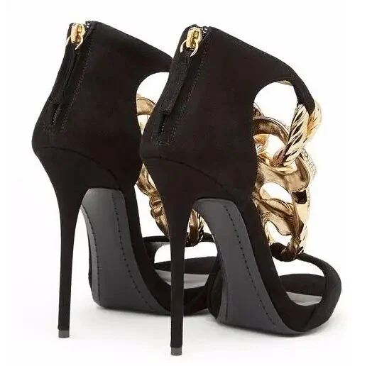Summer Women Black Suede Peep Toe Gold Metal Chain Sandals Summer Back Zipper Cover Heel Thin Heel Party Shoes 12 cm Heels - Image 3