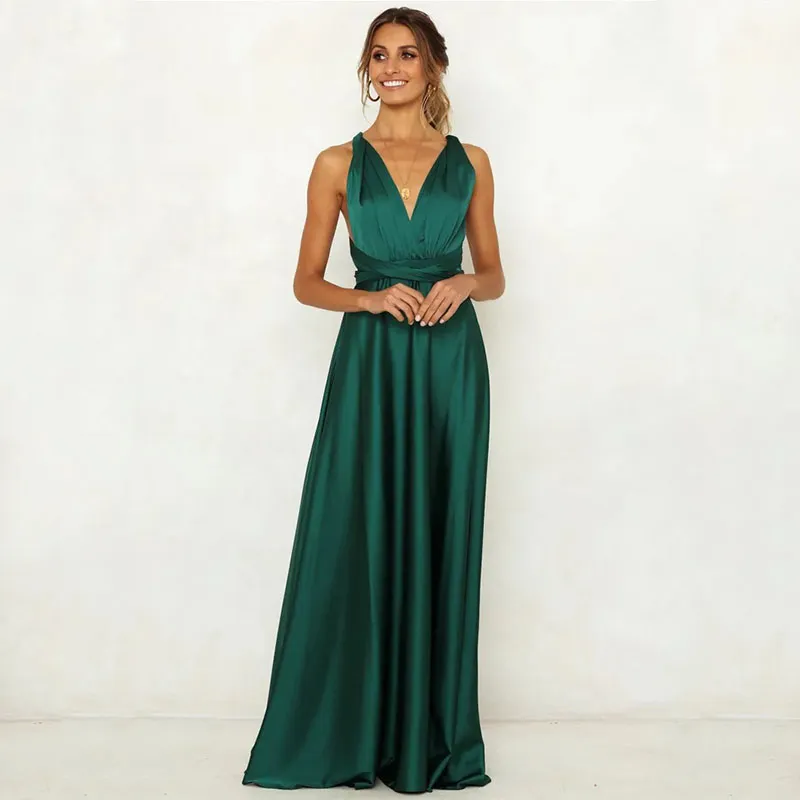 Summer Women Elegant Satin Evening Dresses Solid Fashion A-line V Neck High Waist Bandage Sexy Women's Luxury Long Slip Dress - Image 3