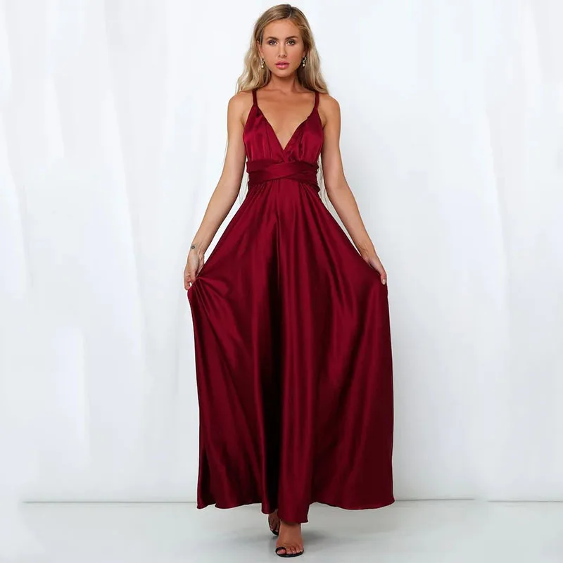 Summer Women Elegant Satin Evening Dresses Solid Fashion A-line V Neck High Waist Bandage Sexy Women's Luxury Long Slip Dress - Image 4