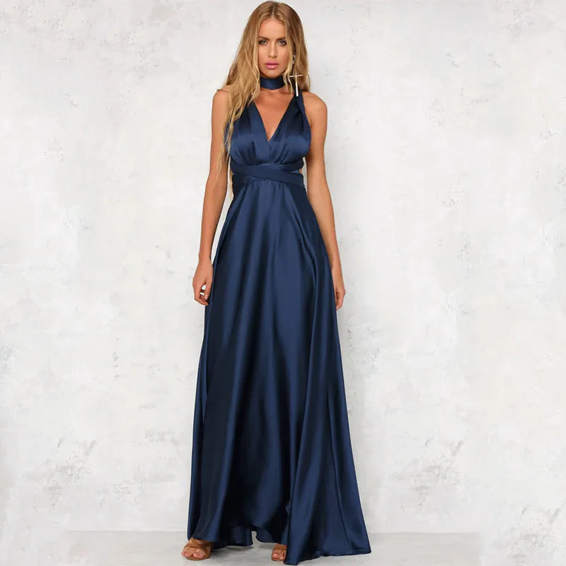 Summer Women Elegant Satin Evening Dresses Solid Fashion A-line V Neck High Waist Bandage Sexy Women's Luxury Long Slip Dress - Image 5