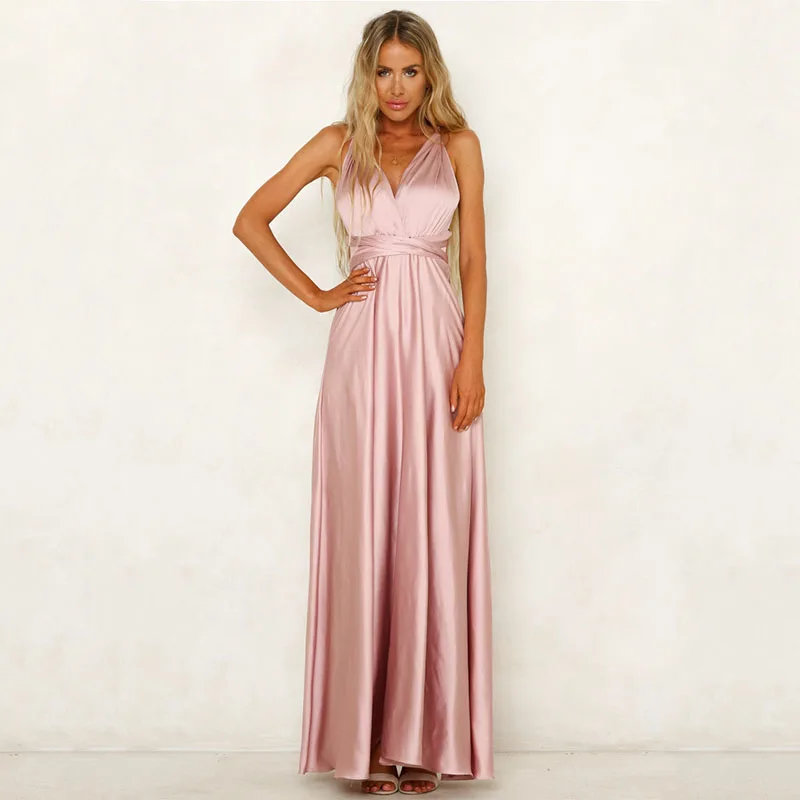 Summer Women Elegant Satin Evening Dresses Solid Fashion A-line V Neck High Waist Bandage Sexy Women's Luxury Long Slip Dress - Image 7