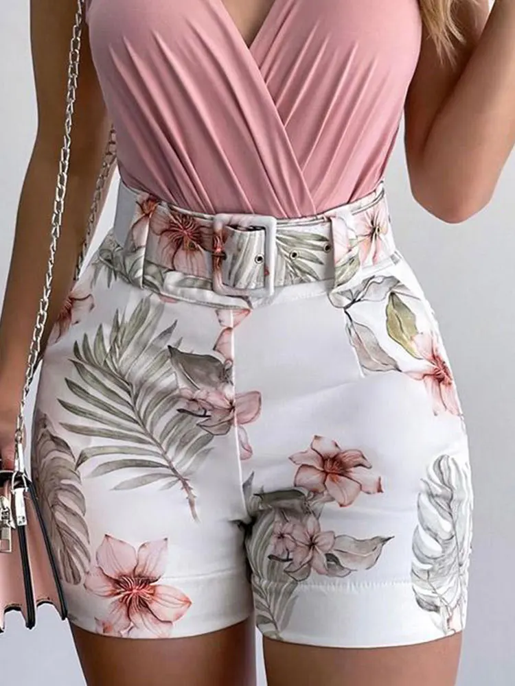 Summer Women Fashion Two Piece Suit Sets Office Lady Sleeveless V Neck Pink Plain Ruched Top & Tropical Print Shorts Set - Image 6