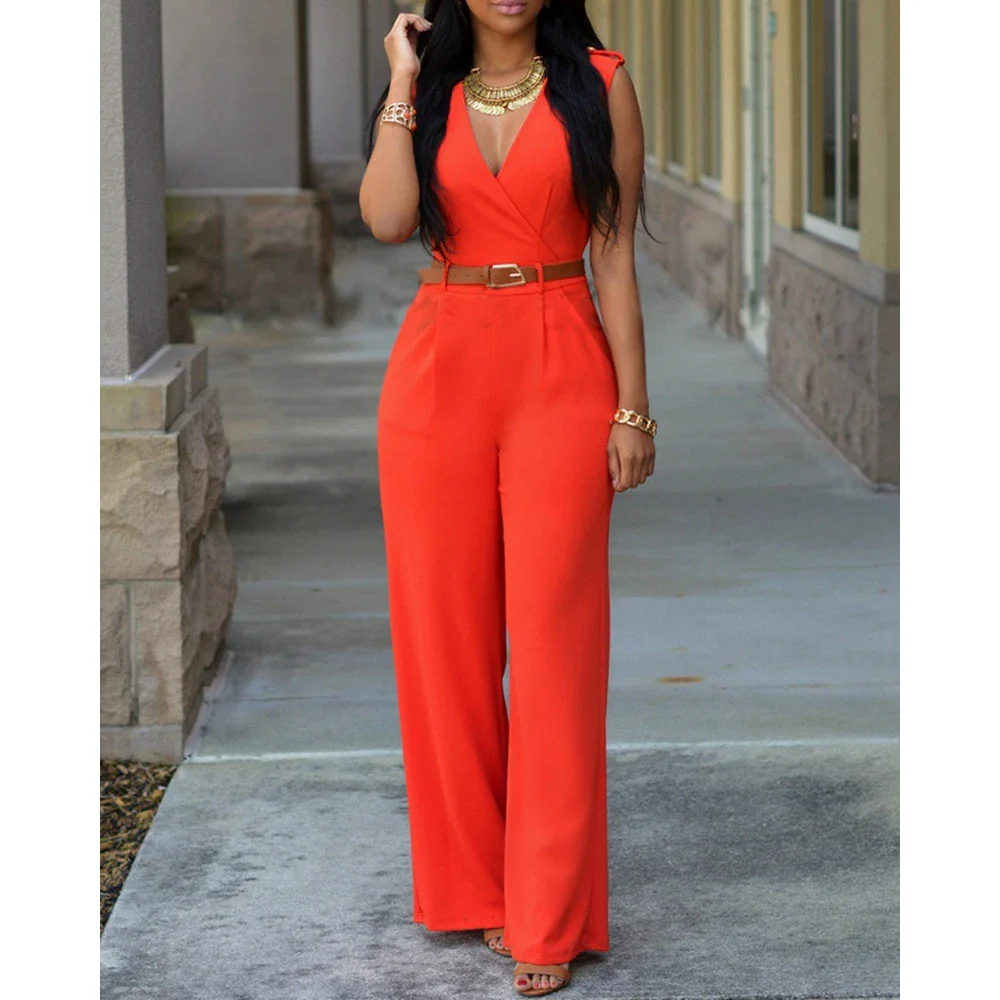 Summer Women Sleeveless Plunge Wide Leg Jumpsuit V Neck Overalls Causal Female One-pieces Office Lady Outfits Elegant Workwear - Image 4