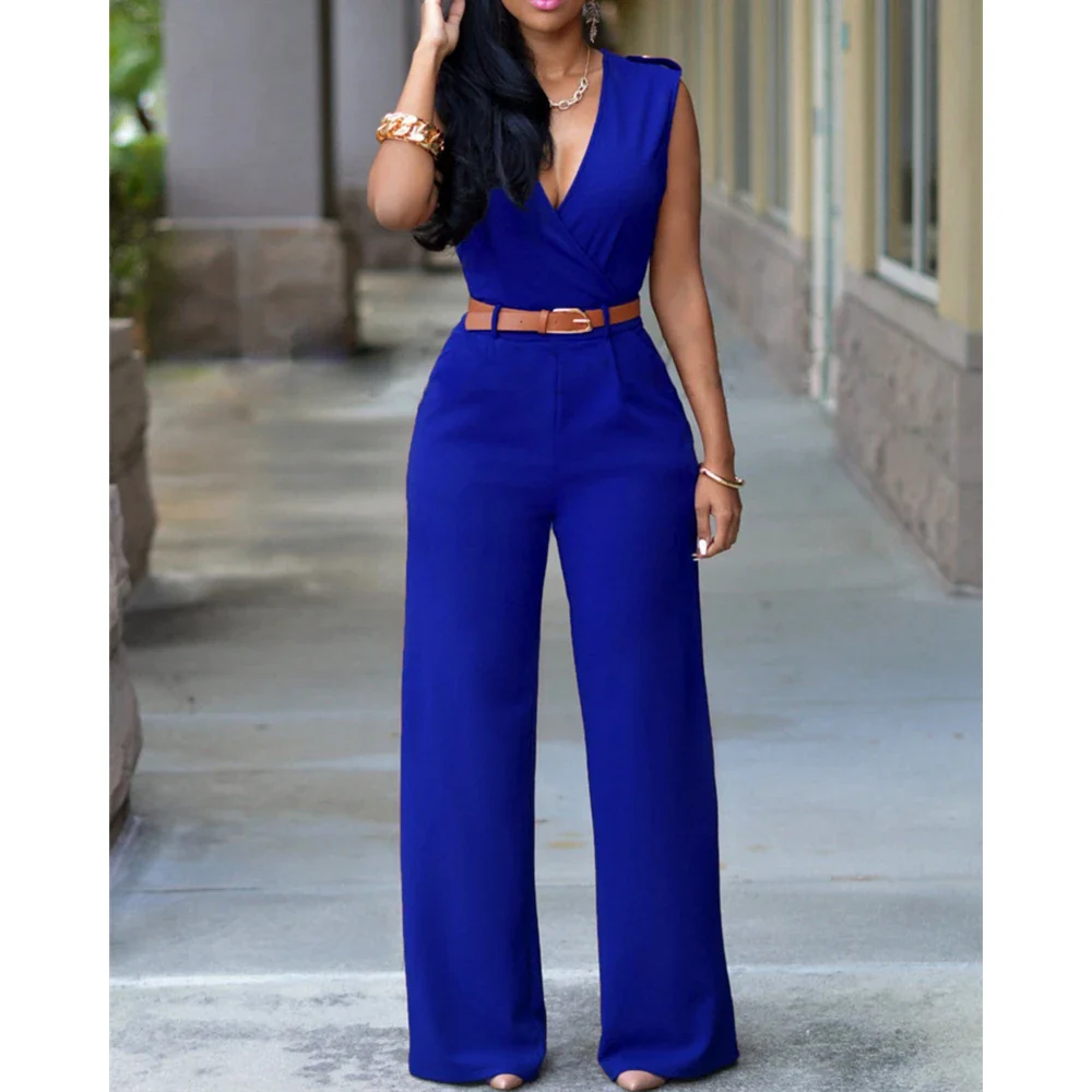 Summer Women Sleeveless Plunge Wide Leg Jumpsuit With Belt Female V Neck Causal One-pieces Office Lady Outfits Elegant Workwear - Image 8