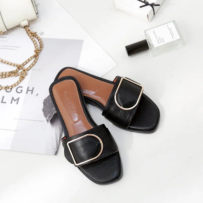 Summer Women Slippers Leather Square Toe Women Flats Flip Flops Designer Ladies Slides Sandals Women Shoes Luxury Sandals - Image 10