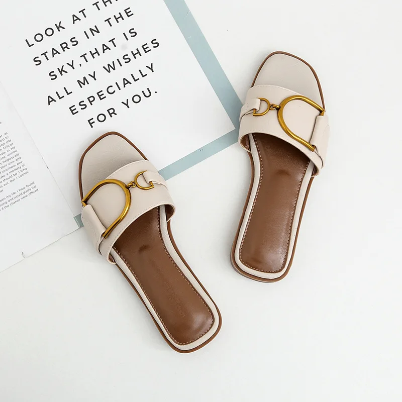 Summer Women Slippers Leather Square Toe Women Flats Flip Flops Designer Ladies Slides Sandals Women Shoes Luxury Sandals - Image 12