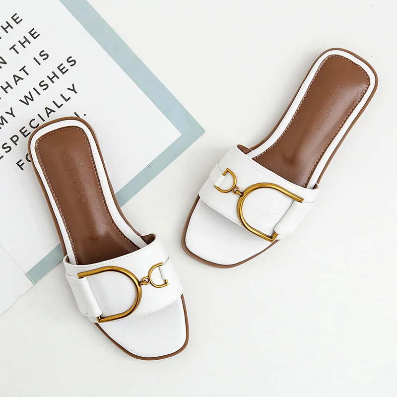 Summer Women Slippers Leather Square Toe Women Flats Flip Flops Designer Ladies Slides Sandals Women Shoes Luxury Sandals - Image 7