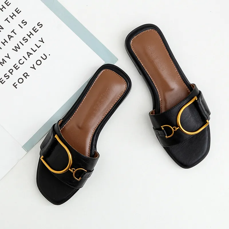 Summer Women Slippers Leather Square Toe Women Flats Flip Flops Designer Ladies Slides Sandals Women Shoes Luxury Sandals - Image 8