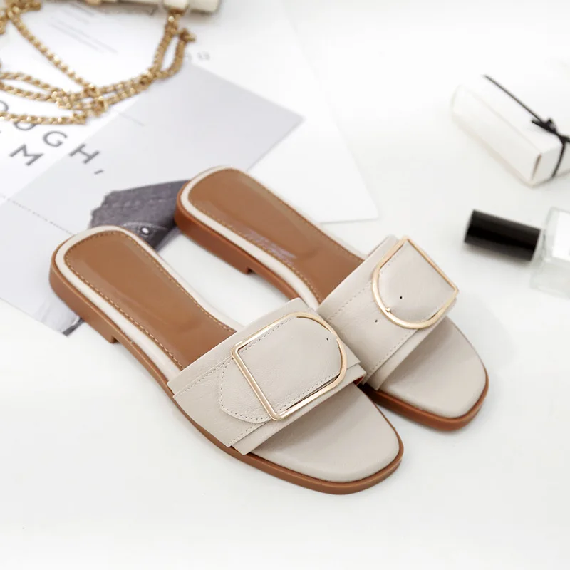 Summer Women Slippers Leather Square Toe Women Flats Flip Flops Designer Ladies Slides Sandals Women Shoes Luxury Sandals - Image 9