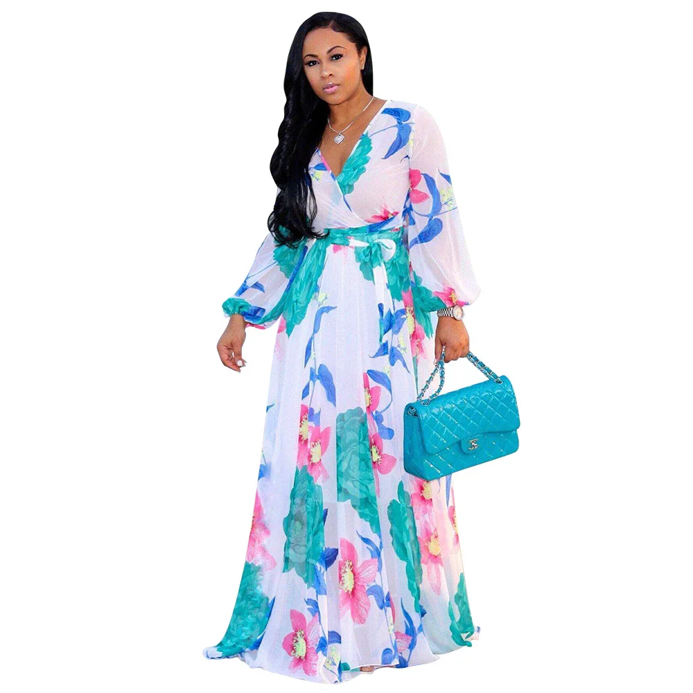 Summer Women's Chiffon Dress Flower Print V-neck Beach Large Size Long Dress Elegant Ladies Casual Loose Hem Dress - Image 2