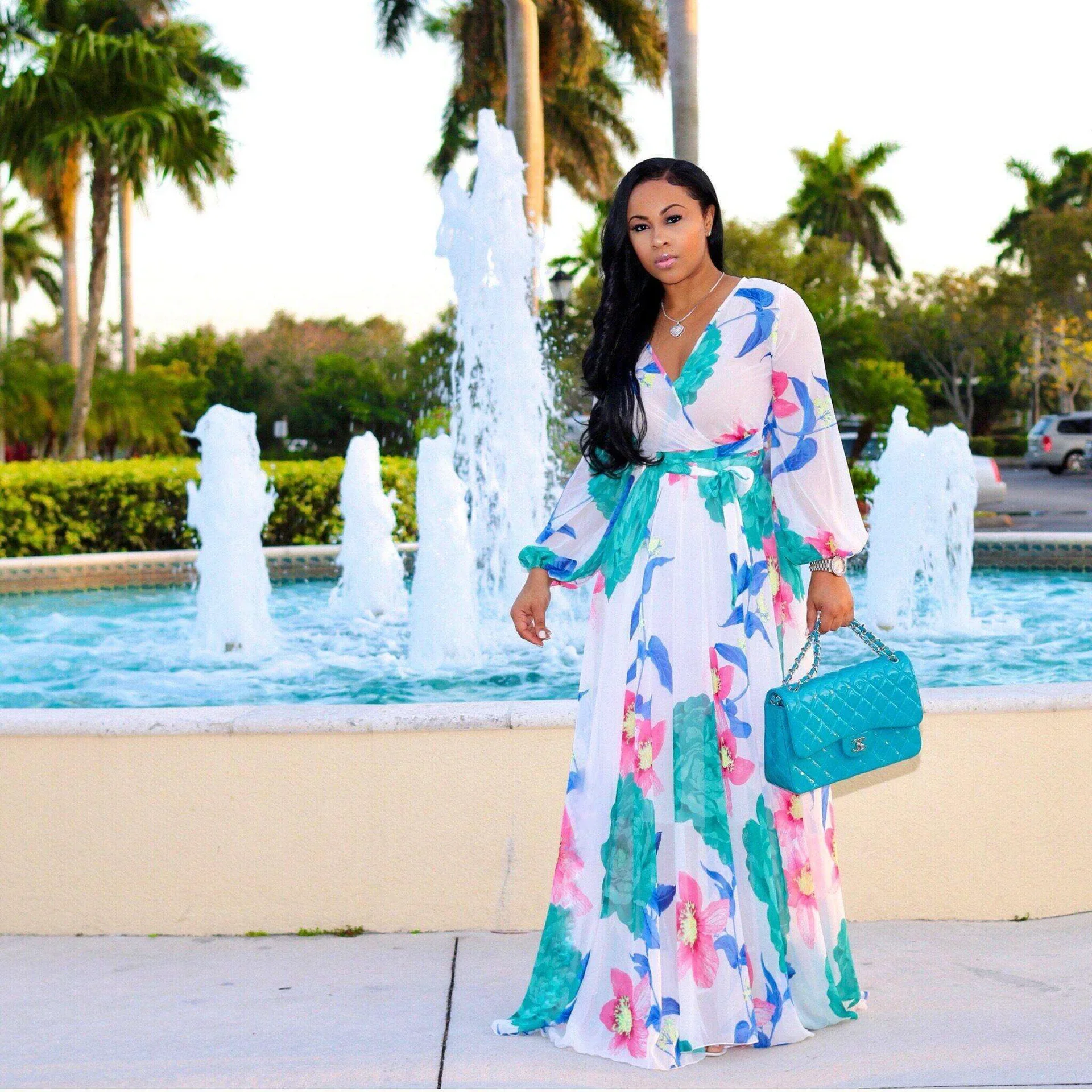Summer Women's Chiffon Dress Flower Print V-neck Beach Large Size Long Dress Elegant Ladies Casual Loose Hem Dress - Image 22