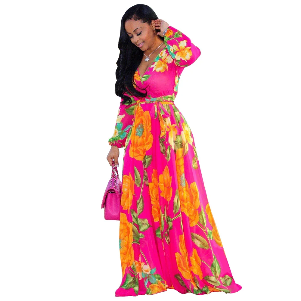 Summer Women's Chiffon Dress Flower Print V-neck Beach Large Size Long Dress Elegant Ladies Casual Loose Hem Dress - Image 3