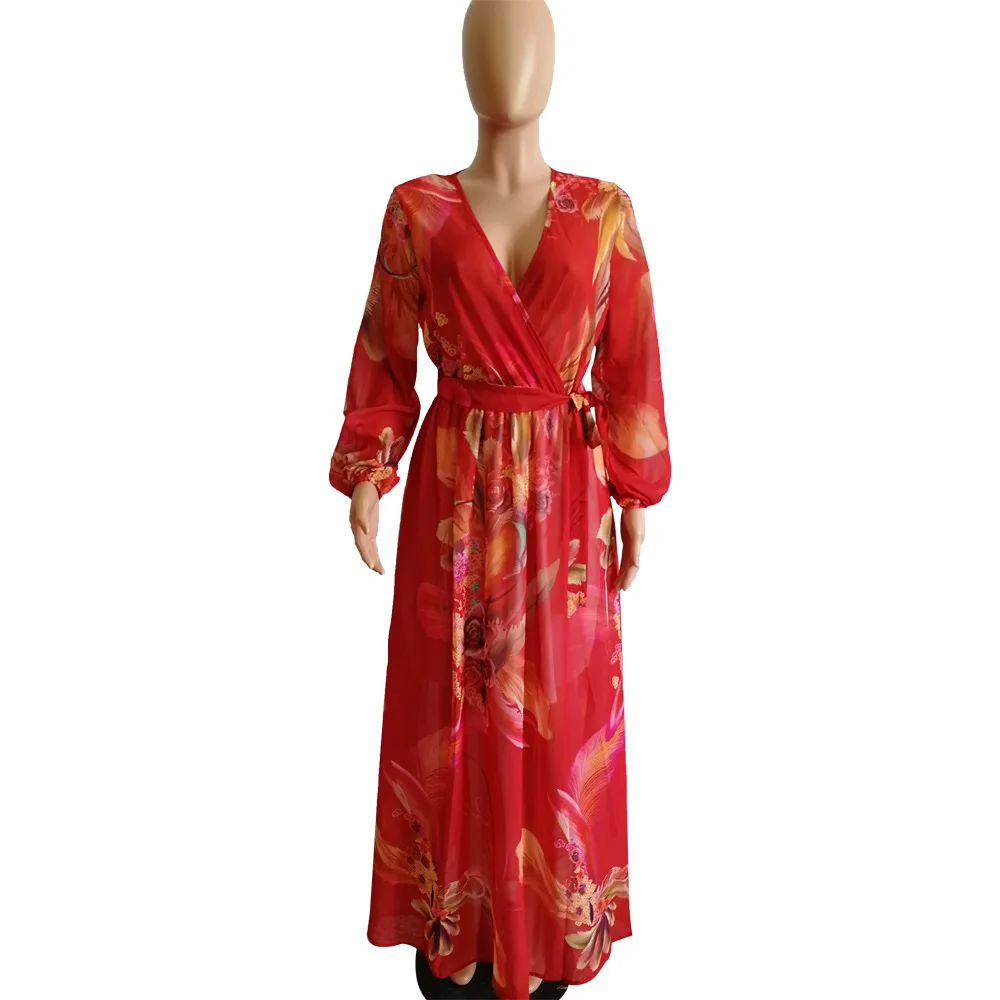 Summer Women's Chiffon Dress Flower Print V-neck Beach Large Size Long Dress Elegant Ladies Casual Loose Hem Dress - Image 4