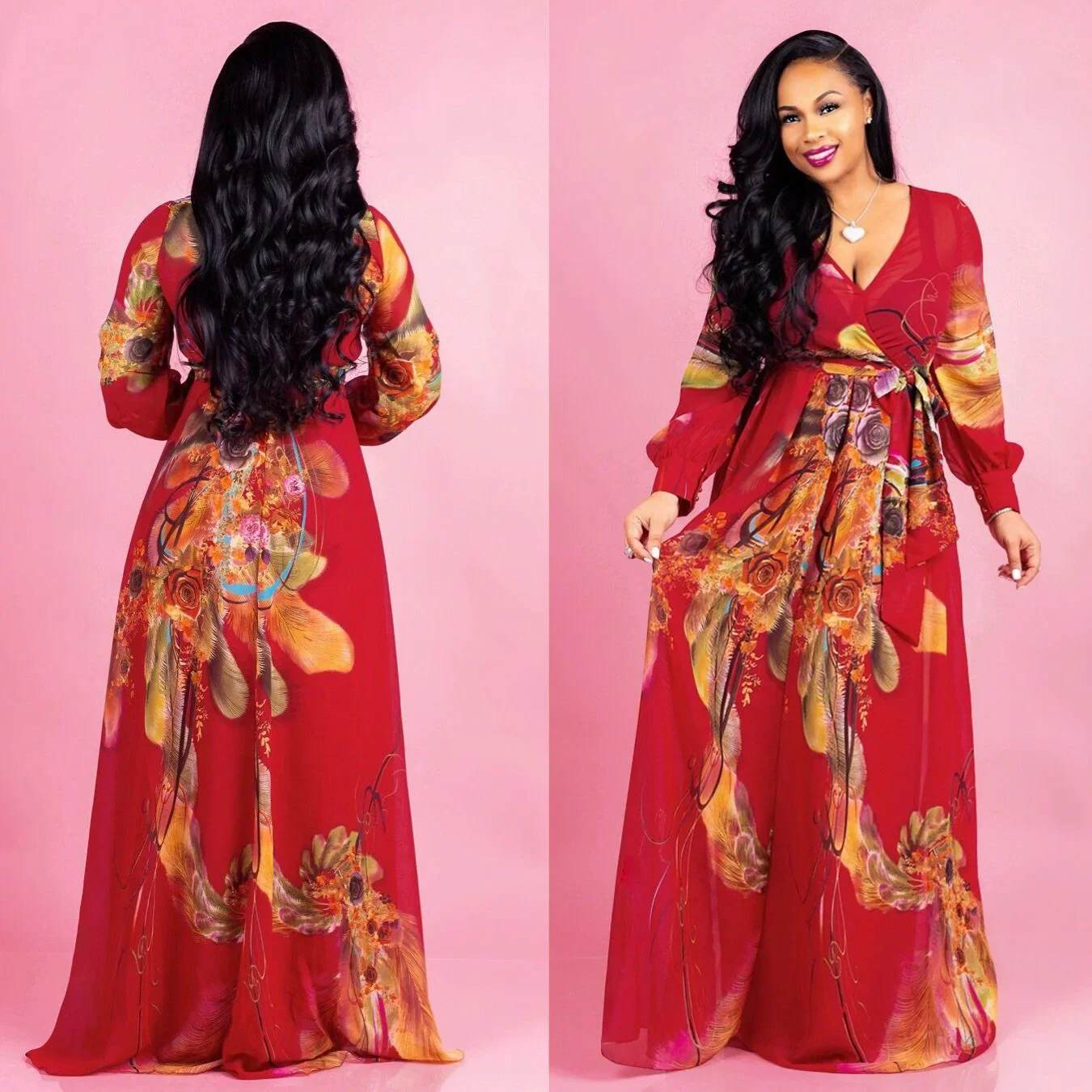 Summer Women's Chiffon Dress Flower Print V-neck Beach Large Size Long Dress Elegant Ladies Casual Loose Hem Dress - Image 9