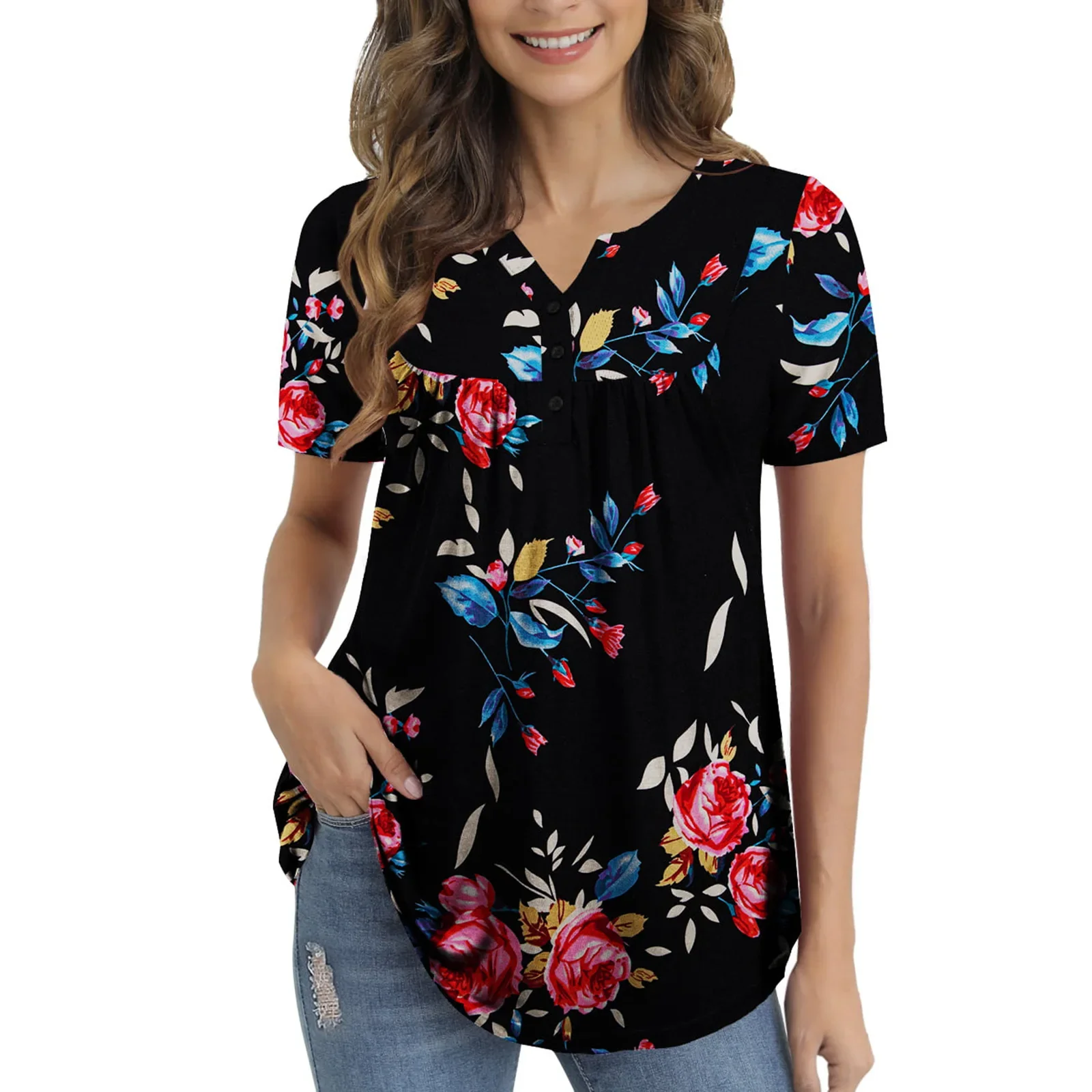 Summer Women's Youth Elegant Flower Print Graphic T Shirts Fashion V-neck Short Sleeve Tunic Top 2023 New Casual Loose Y2K tops - Image 10