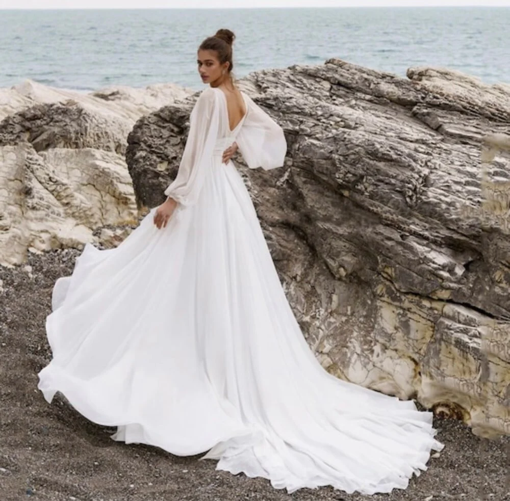 Sumnus White Chiffon Beach Wedding Dreses Full Sleeve Sexy High Split Bride Dress Backless Simple Boho Long Wedding Bridal Gowns - Image 5