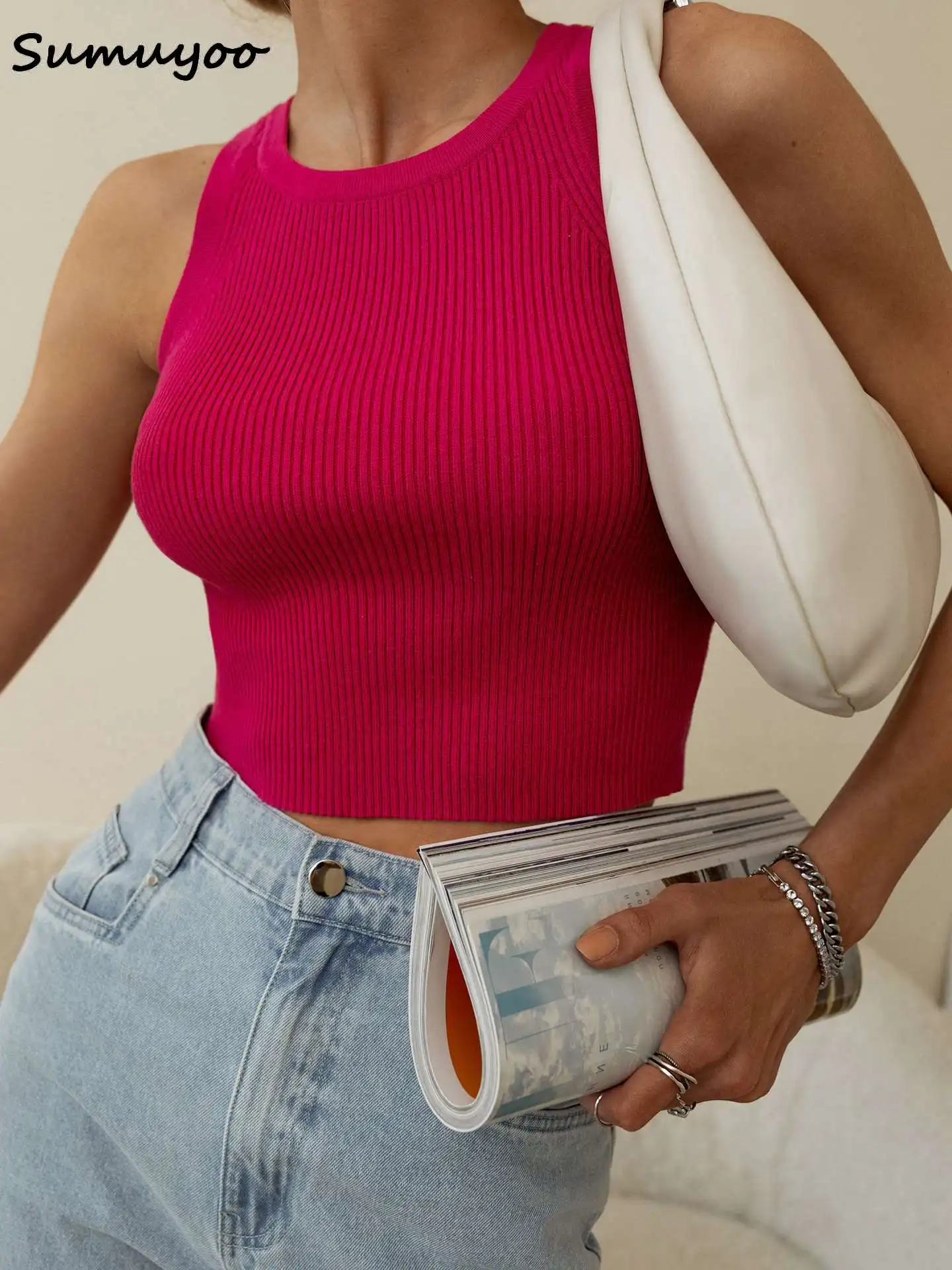 Sumuyoo 2023 Summer Knitted Tank Tops Women Casual Crop Tops Sexy Girls Suspender Vest O-neck OL Slim Ribber Sleeveless T Shirts - Image 7