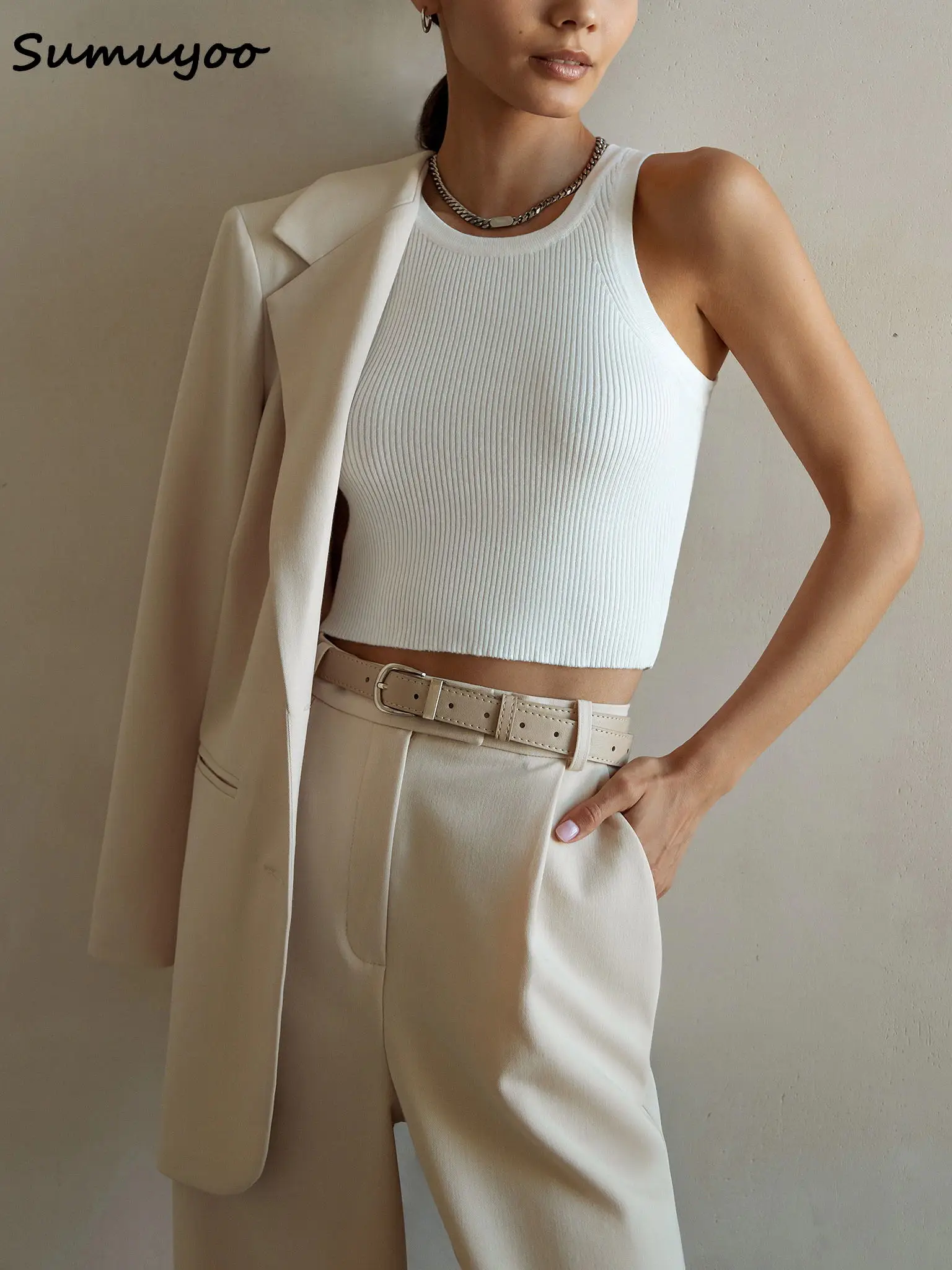 Sumuyoo 2023 Summer Knitted Tank Tops Women Casual Crop Tops Sexy Girls Suspender Vest O-neck OL Slim Ribber Sleeveless T Shirts - Image 8