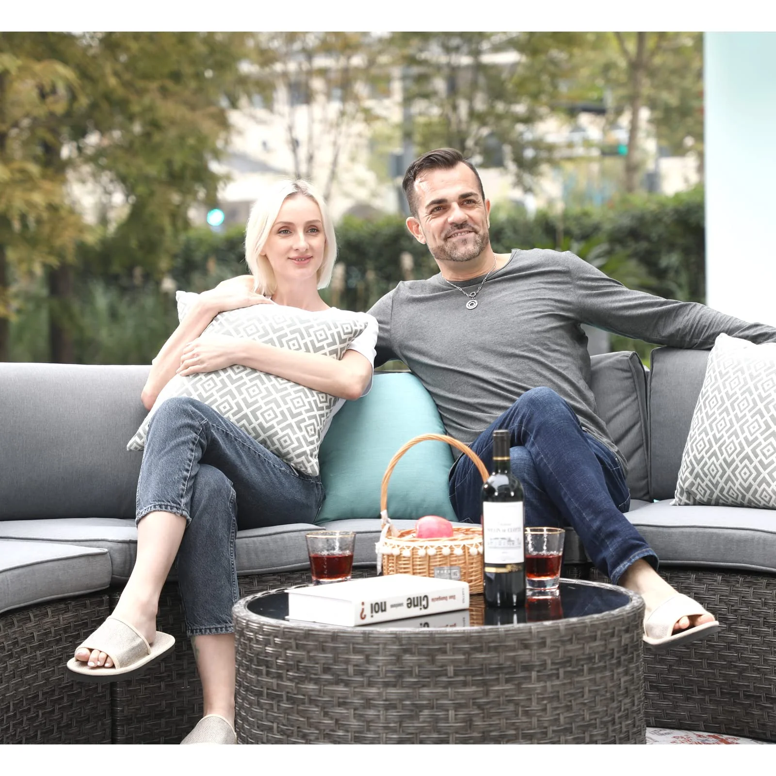 SUNSITT Outdoor Patio Furniture 11-Piece Half-Moon Sectional Round Set Curved Sofa with Tempered Glass Coffee Table, 4 Pillows, Grey Rattan - Image 2