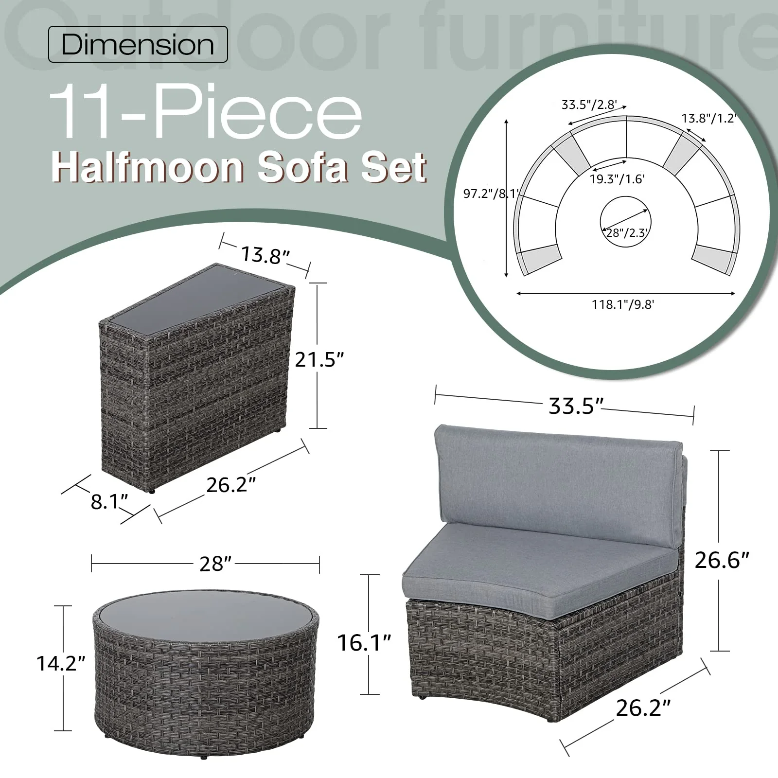 SUNSITT Outdoor Patio Furniture 11-Piece Half-Moon Sectional Round Set Curved Sofa with Tempered Glass Coffee Table, 4 Pillows, Grey Rattan - Image 3