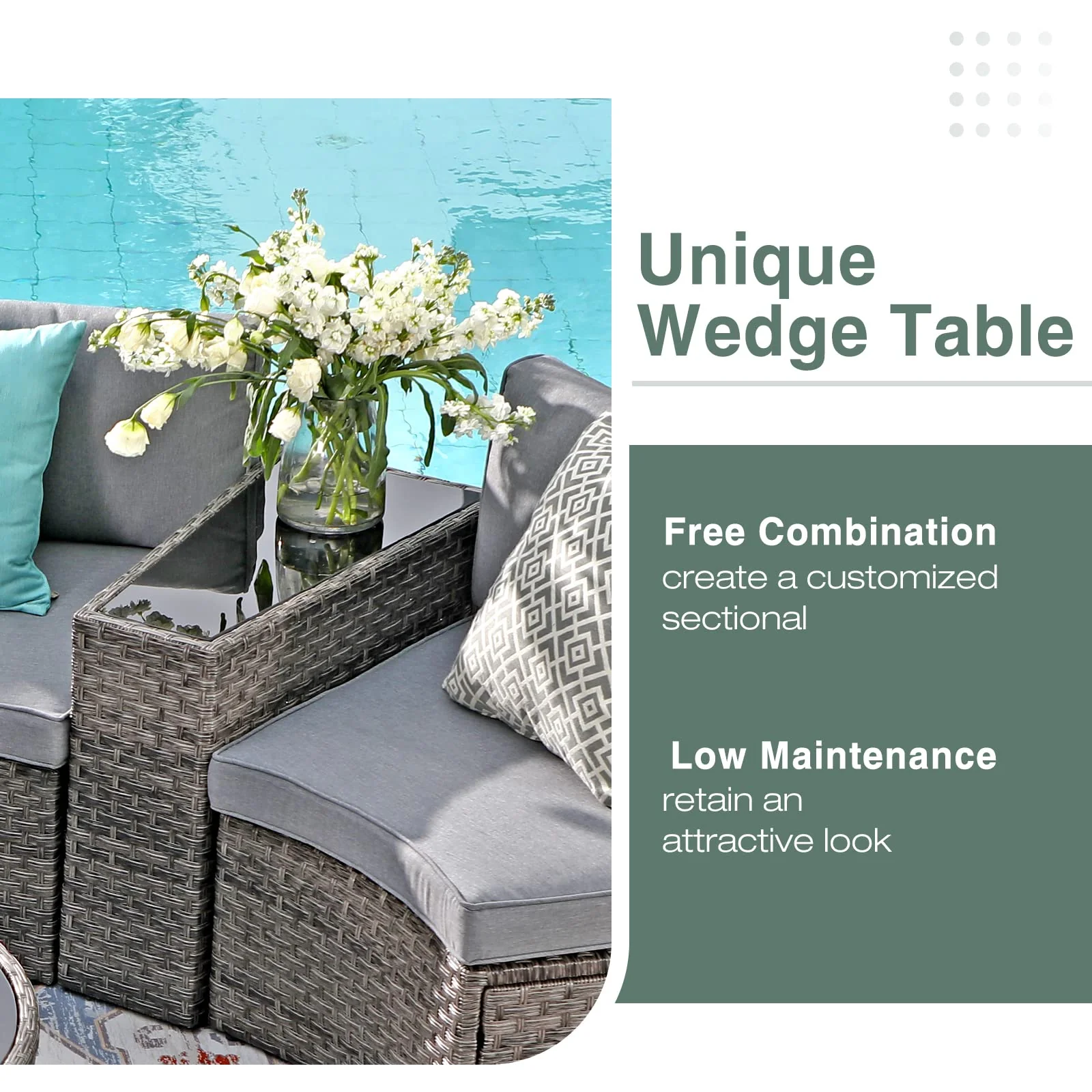 SUNSITT Outdoor Patio Furniture 11-Piece Half-Moon Sectional Round Set Curved Sofa with Tempered Glass Coffee Table, 4 Pillows, Grey Rattan - Image 4