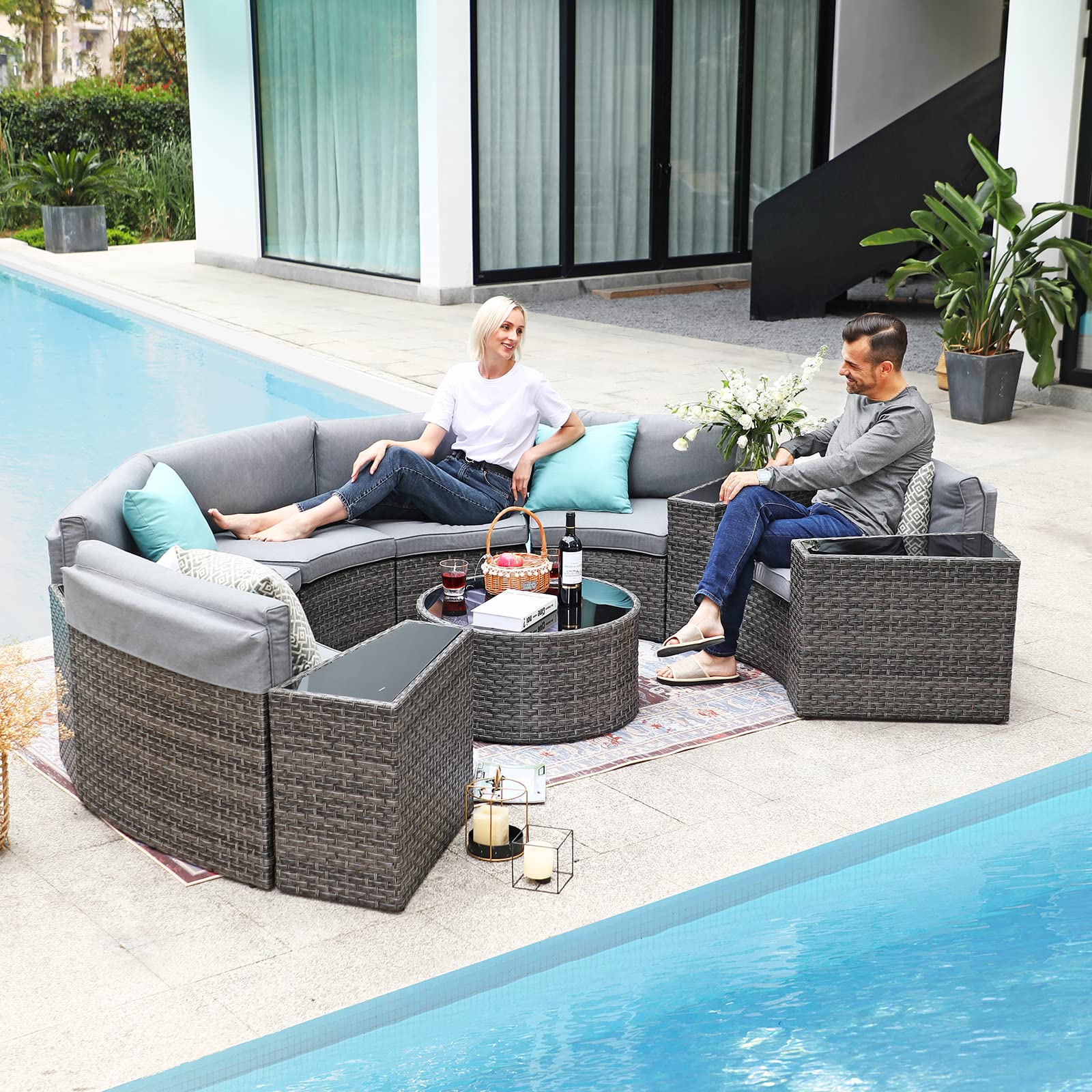 SUNSITT Outdoor Patio Furniture 11-Piece Half-Moon Sectional Round Set Curved Sofa with Tempered Glass Coffee Table, 4 Pillows, Grey Rattan - Image 7