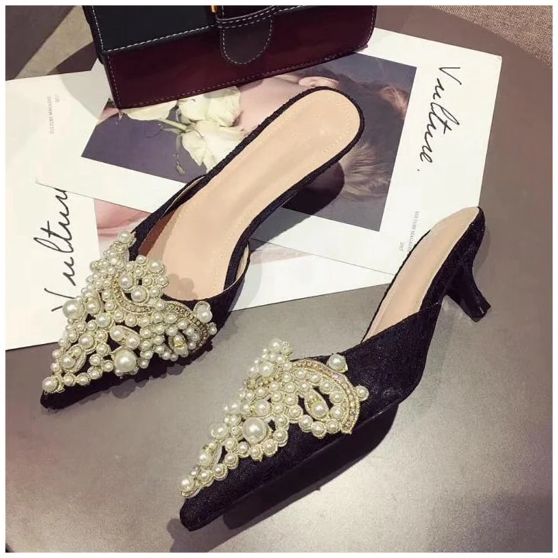 SUOJIALUN Women Designer Slipper Slides Ladies Brand Luxury Slippers Women Dress Mules Shoes Low Heel Pointed Toe Pearl Slippers - Image 3