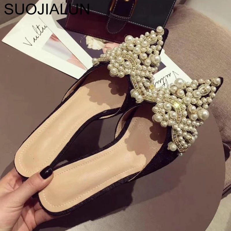 SUOJIALUN Women Designer Slipper Slides Ladies Brand Luxury Slippers Women Dress Mules Shoes Low Heel Pointed Toe Pearl Slippers - Image 5