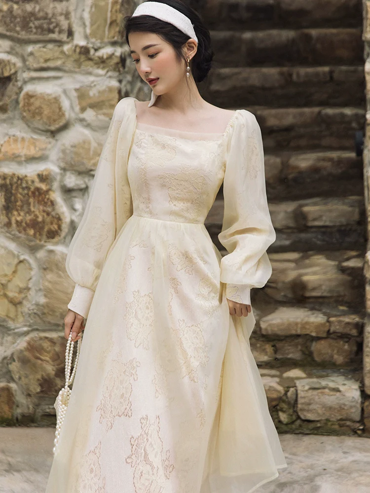 Super Fairy Retro Square Collar Lace Engagement Dress Dress - Image 2
