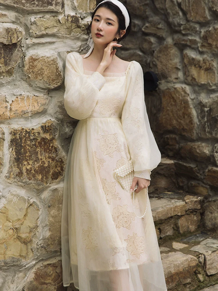 Super Fairy Retro Square Collar Lace Engagement Dress Dress - Image 5