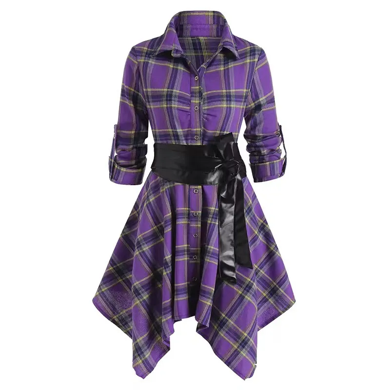 Sutimine Dresses for Women 2023 New Women's Middle and Long Long-sleeved Dress European and American Women's Plaid Belt Dress - Image 2