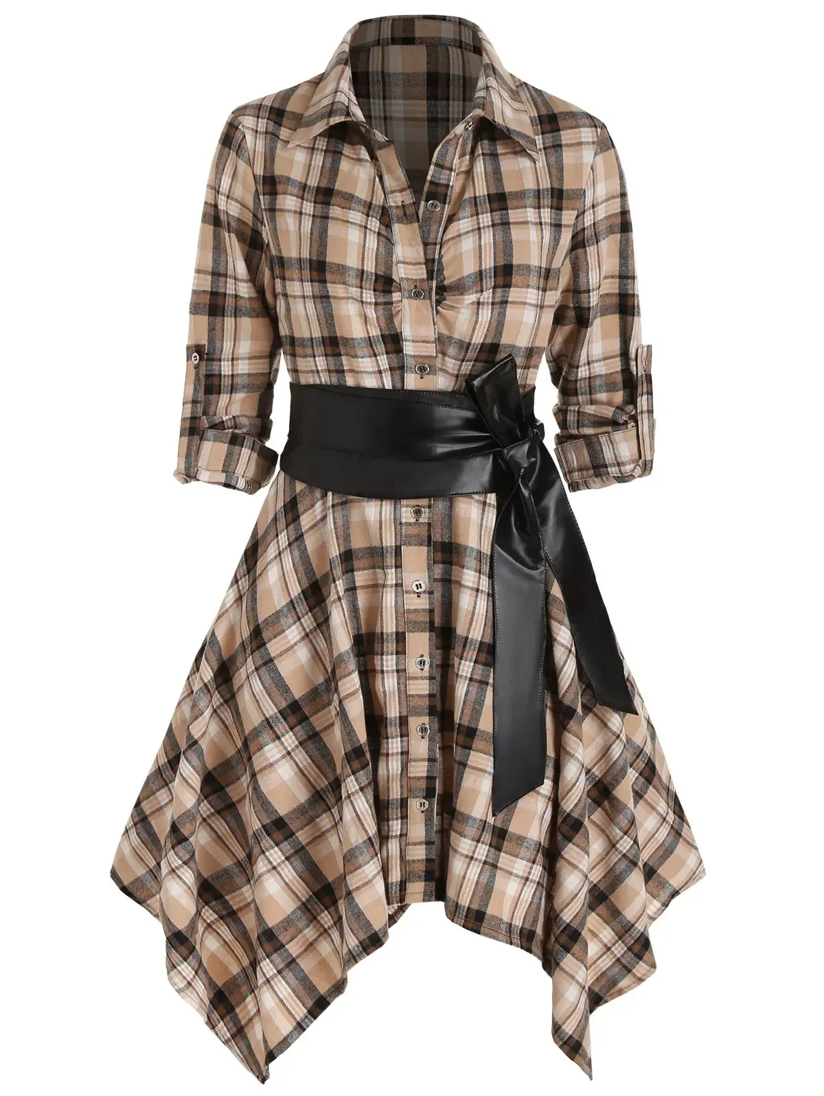 Sutimine Dresses for Women 2023 New Women's Middle and Long Long-sleeved Dress European and American Women's Plaid Belt Dress - Image 6